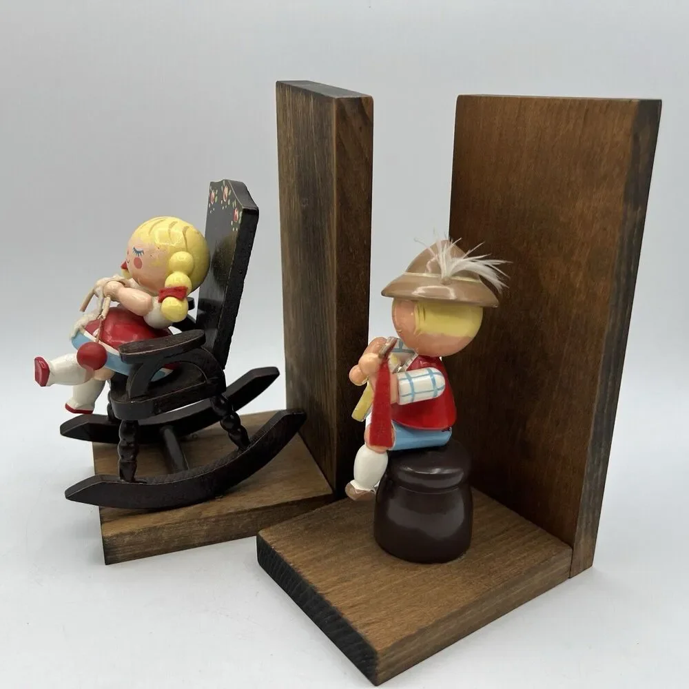 Vtg German Erzgebirge Style Boy Girl Bookends Nursery Rocking Chair Wood